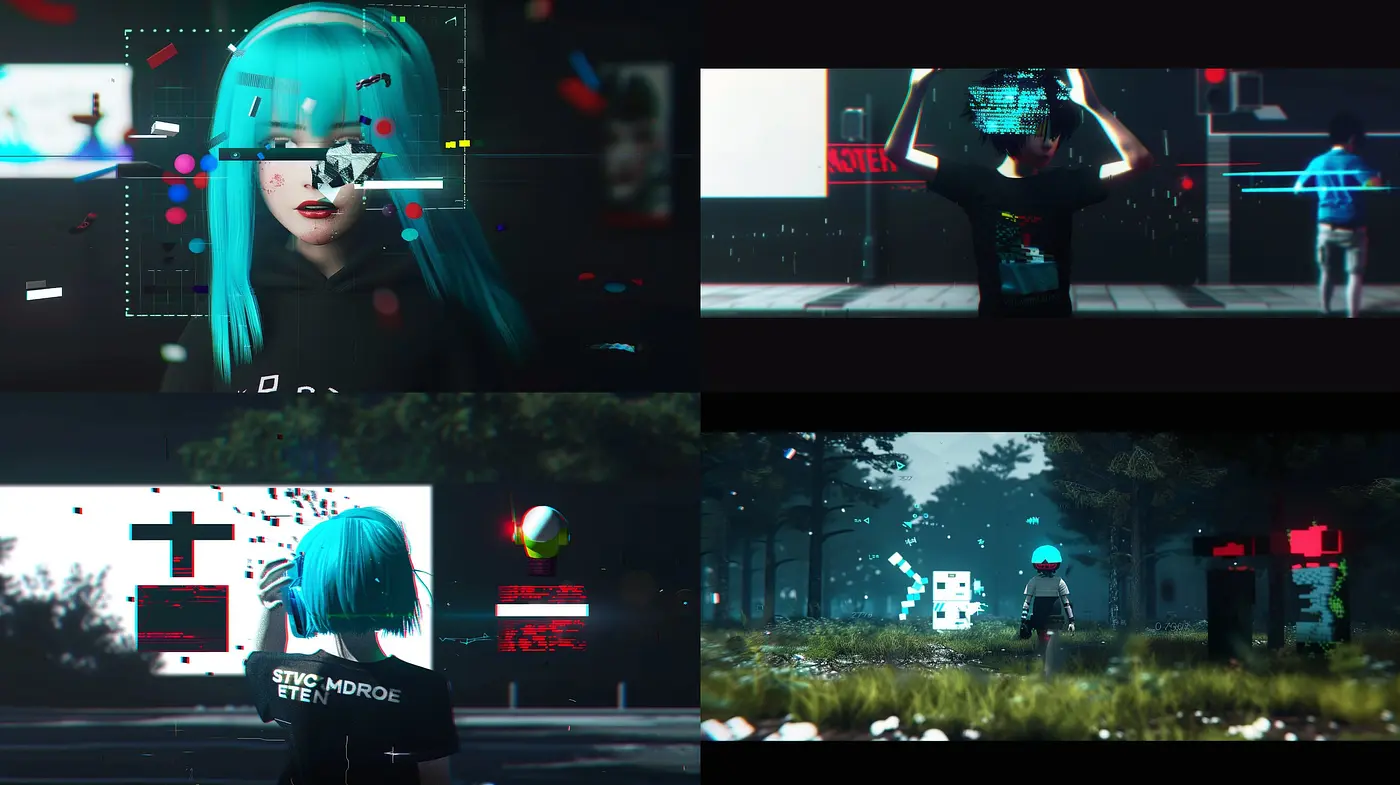 Digitally Disrupted Noir: Consistent Elements in a Cyberglitch Aesthetic - Midjourney sref style