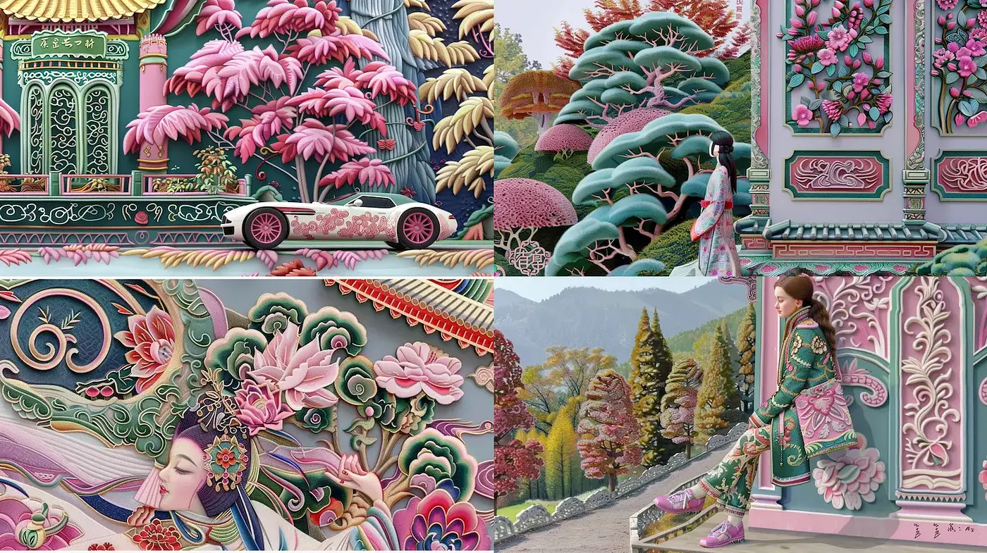 Serene and Colorful Fusion of Traditional and Modern Elements in a Whimsical Artistic Style - Midjourney sref style