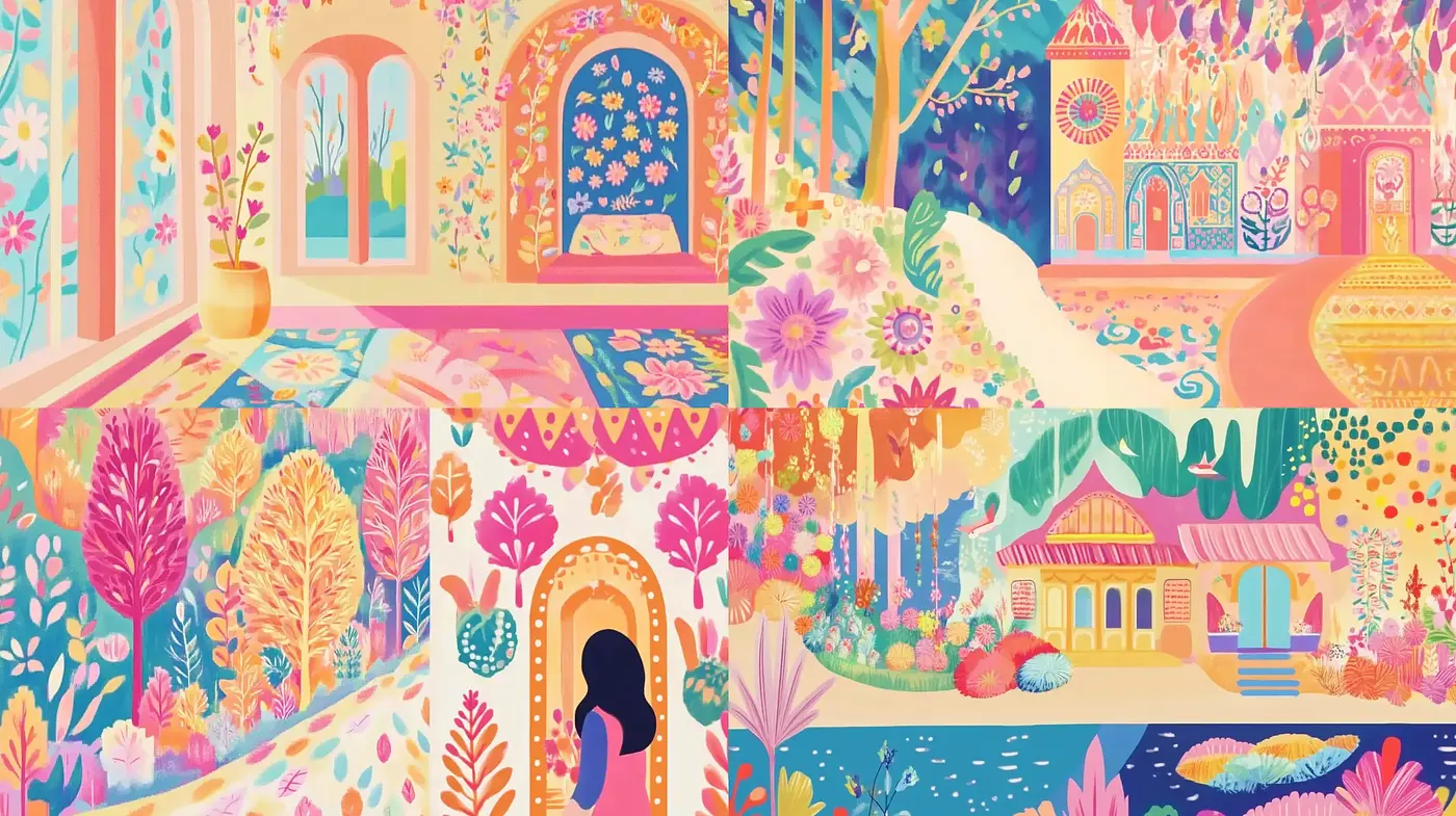 Whimsical Garden Dreamscape Illustration Series - Midjourney sref style