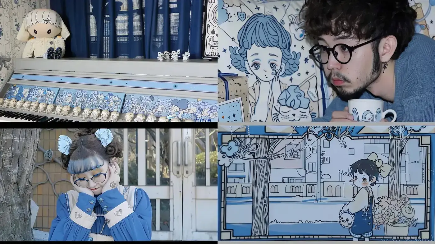 Whimsical Blue-toned Anime-Inspired Illustrative Fusion - Midjourney sref style