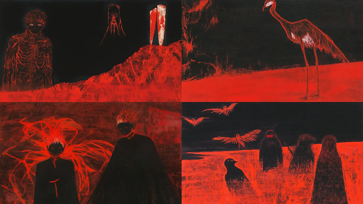 Eerie Nocturnal Crimson Scenes with Surreal Overtones - Midjourney sref style