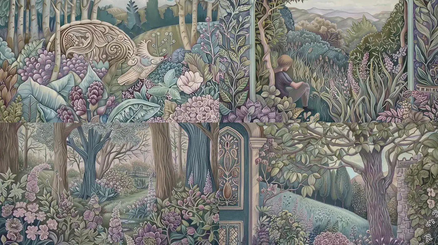 Enchanted Tapestry of Twilight Hues: A Harmonious Blend of Botanical Elegance - Midjourney sref style