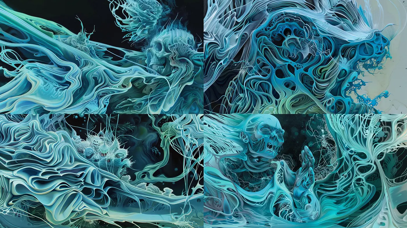 Ethereal Flow of Cool Hues: A Fusion of Surrealism and Digital Fluidity - Midjourney sref style