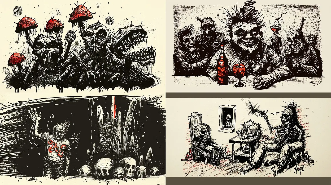 Grimly Whimsical Pen and Ink Cross-hatching Technique with Selective Red Accents - Midjourney sref style