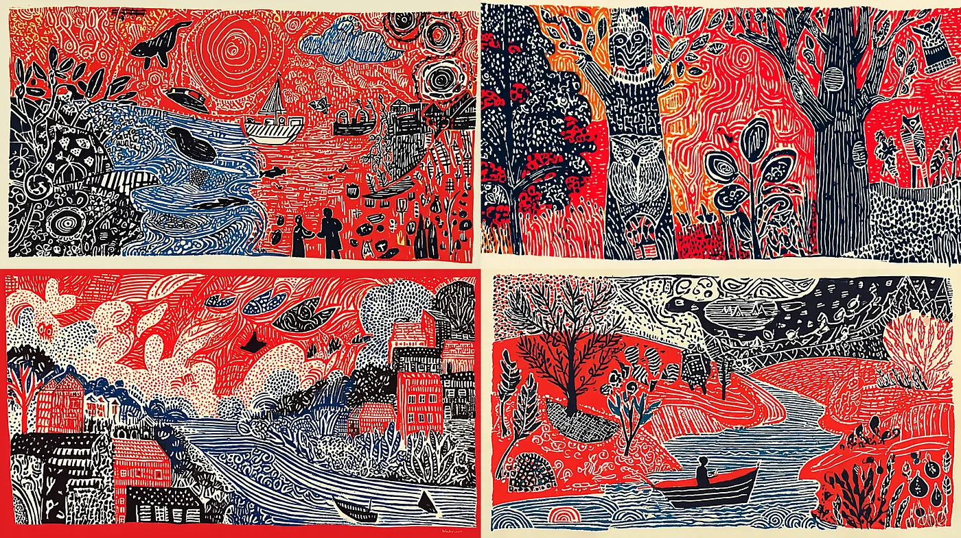 Vibrant and Whimsical Folk Art with Strong Contrast - Midjourney sref style