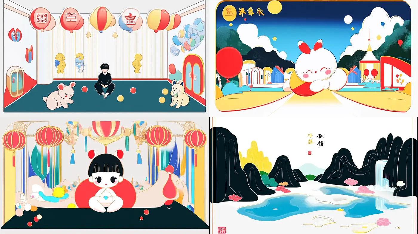Harmonious Whimsy in Flat Design: A Modern Take on Traditional Asian Aesthetics - Midjourney sref style