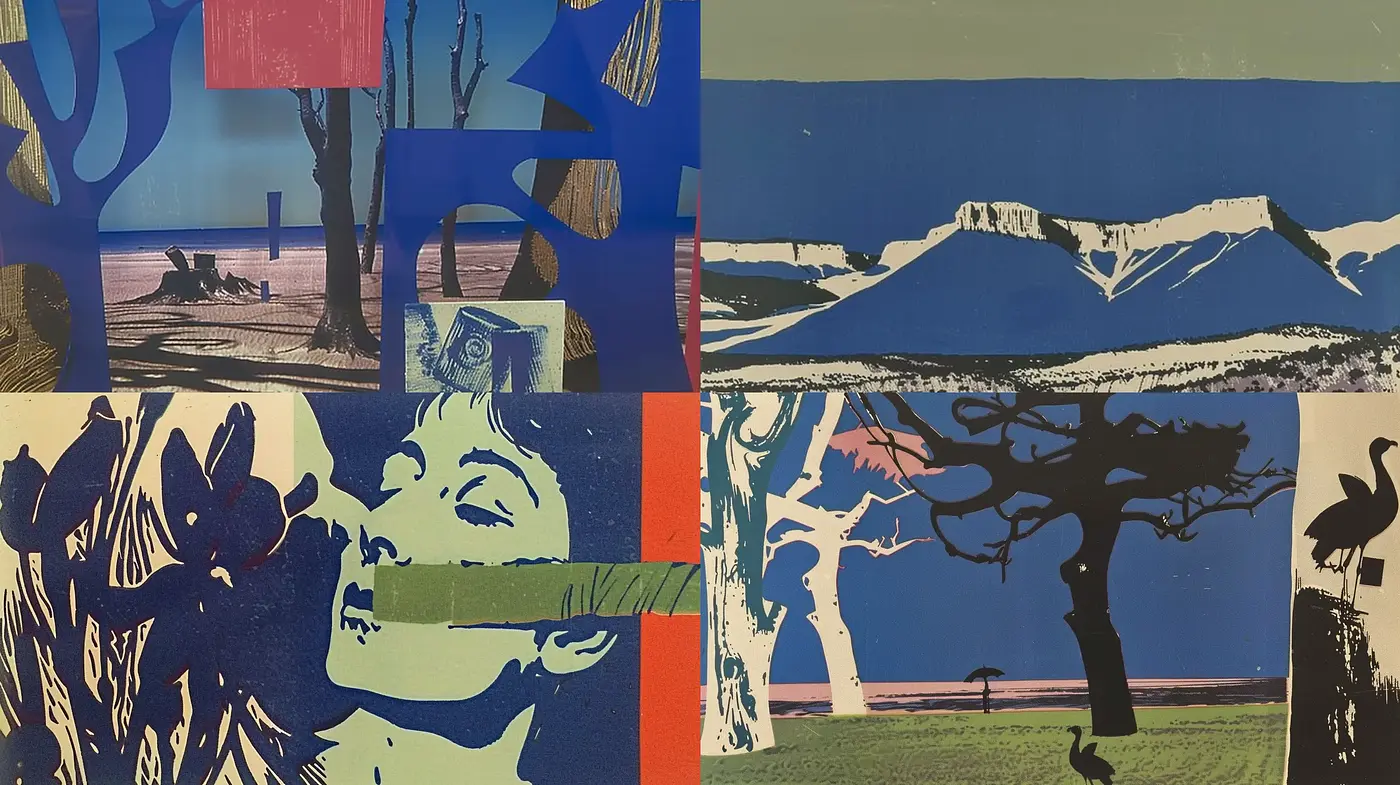 Contemporary Collage of Silhouetted Figures and Landscapes - Midjourney sref style