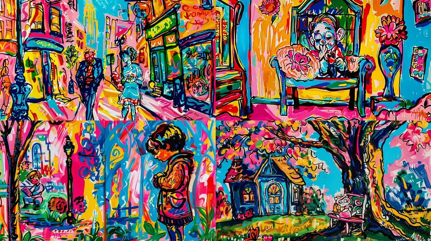 Vibrant, Whimsical Art with Lively Narratives - Midjourney sref style