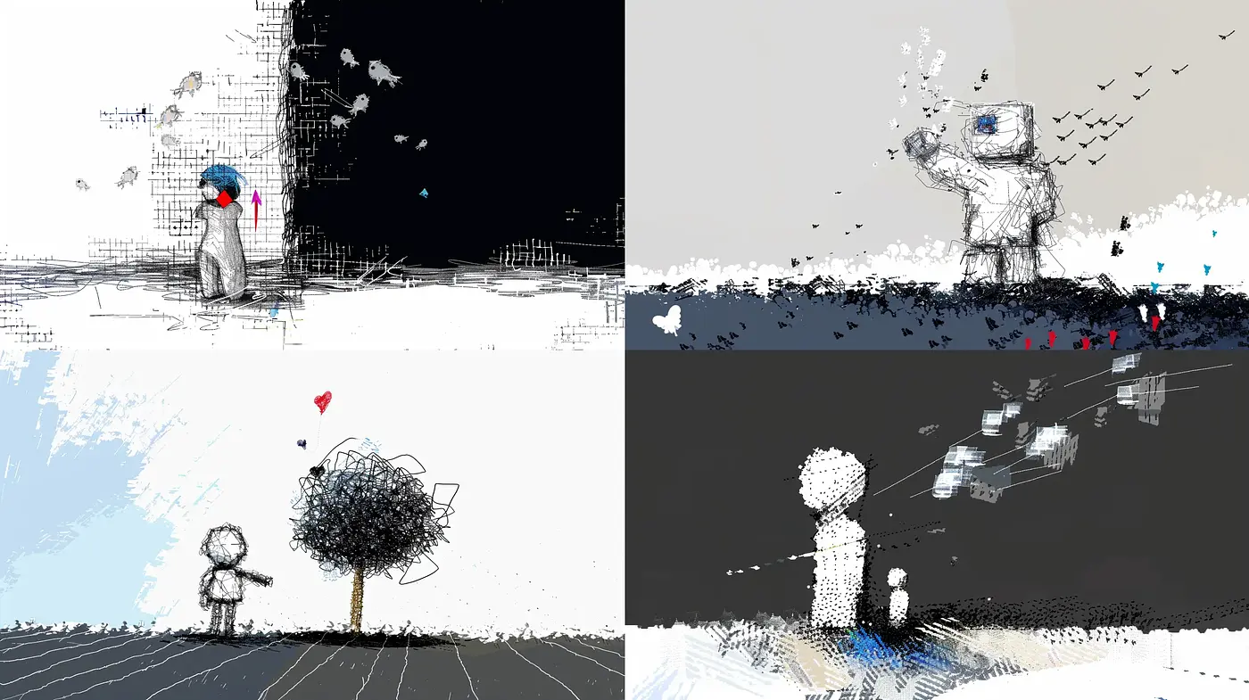 Monochromatic Melancholy: Abstract Expressionism with a Digital Twist - Midjourney sref style