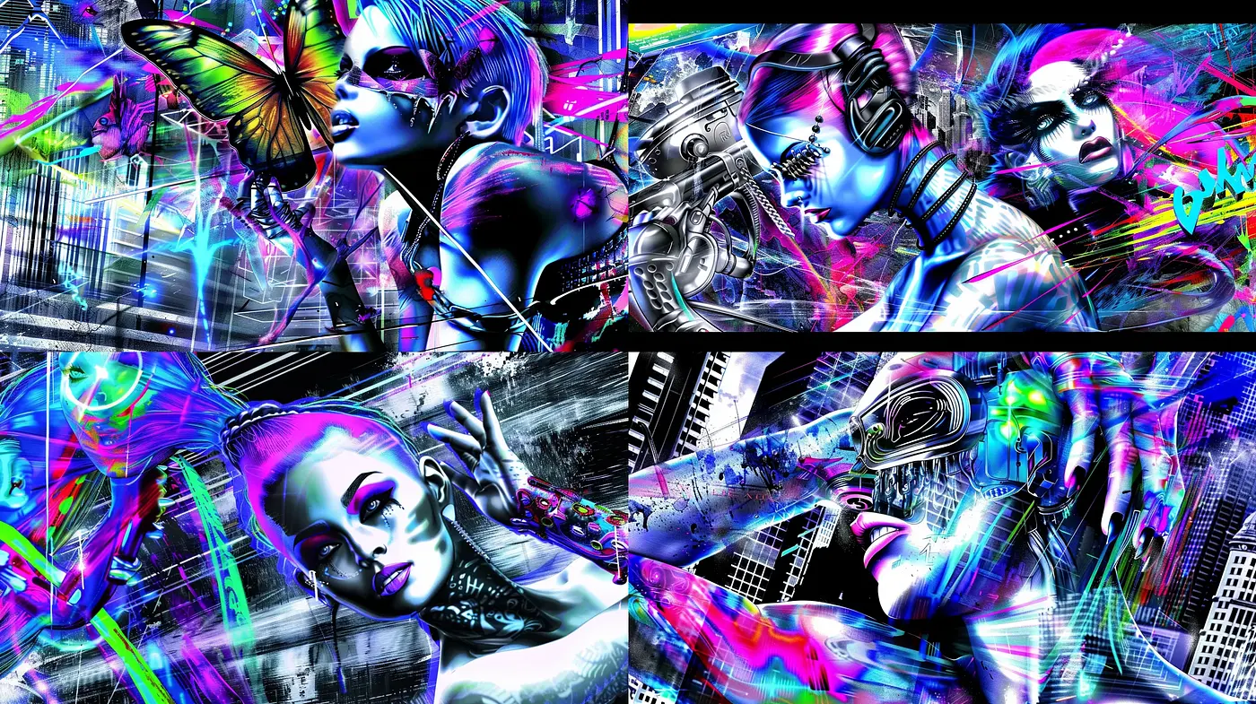 Cyberpunk Kaleidoscope: Vivid Neon Dystopia - Midjourney sref style