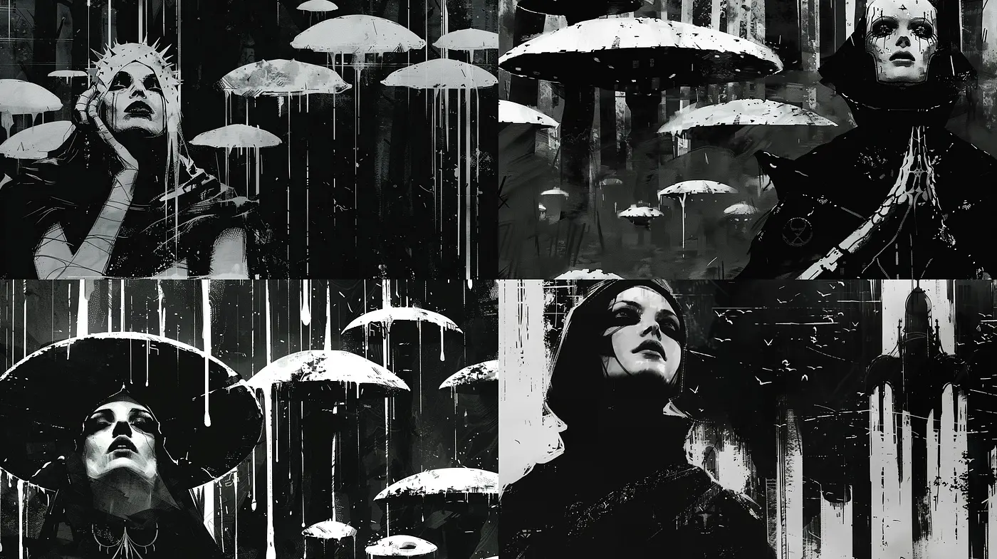 Monochromatic Elegance: A Fusion of Noir and Expressionist Sensibilities - Midjourney sref style