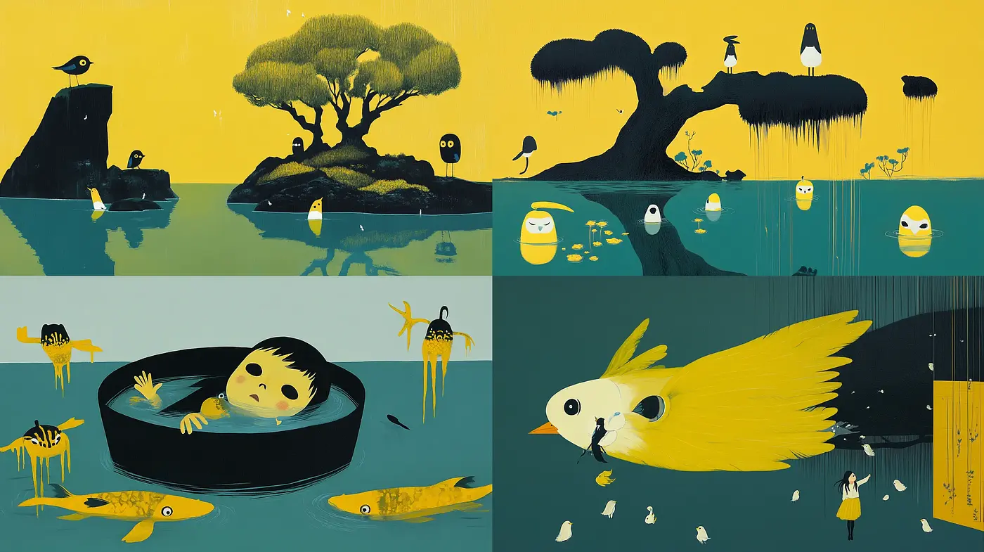 Whimsical Serenity in Mustard and Teal: A Fusion of Surrealism and Illustrative Art - Midjourney sref style