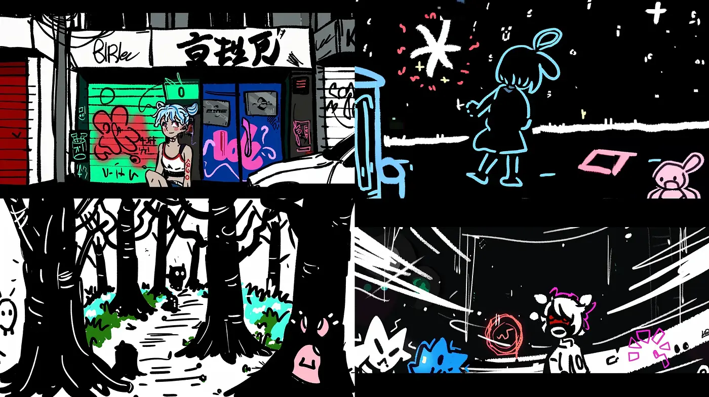 Whimsical Noir: Graffiti and Neon - An Homage to Stylized Urban Nightscapes - Midjourney sref style
