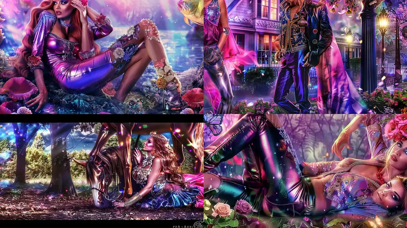 Enchanted Chromatic Dreamscape: A Synthesis of Surrealism and Cyberpunk Aesthetics - Midjourney sref style