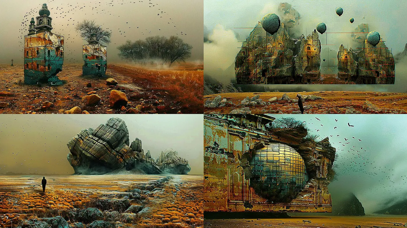 Surrealistic Fusion of Architectural Decay and Rugged Landscapes - Midjourney sref style