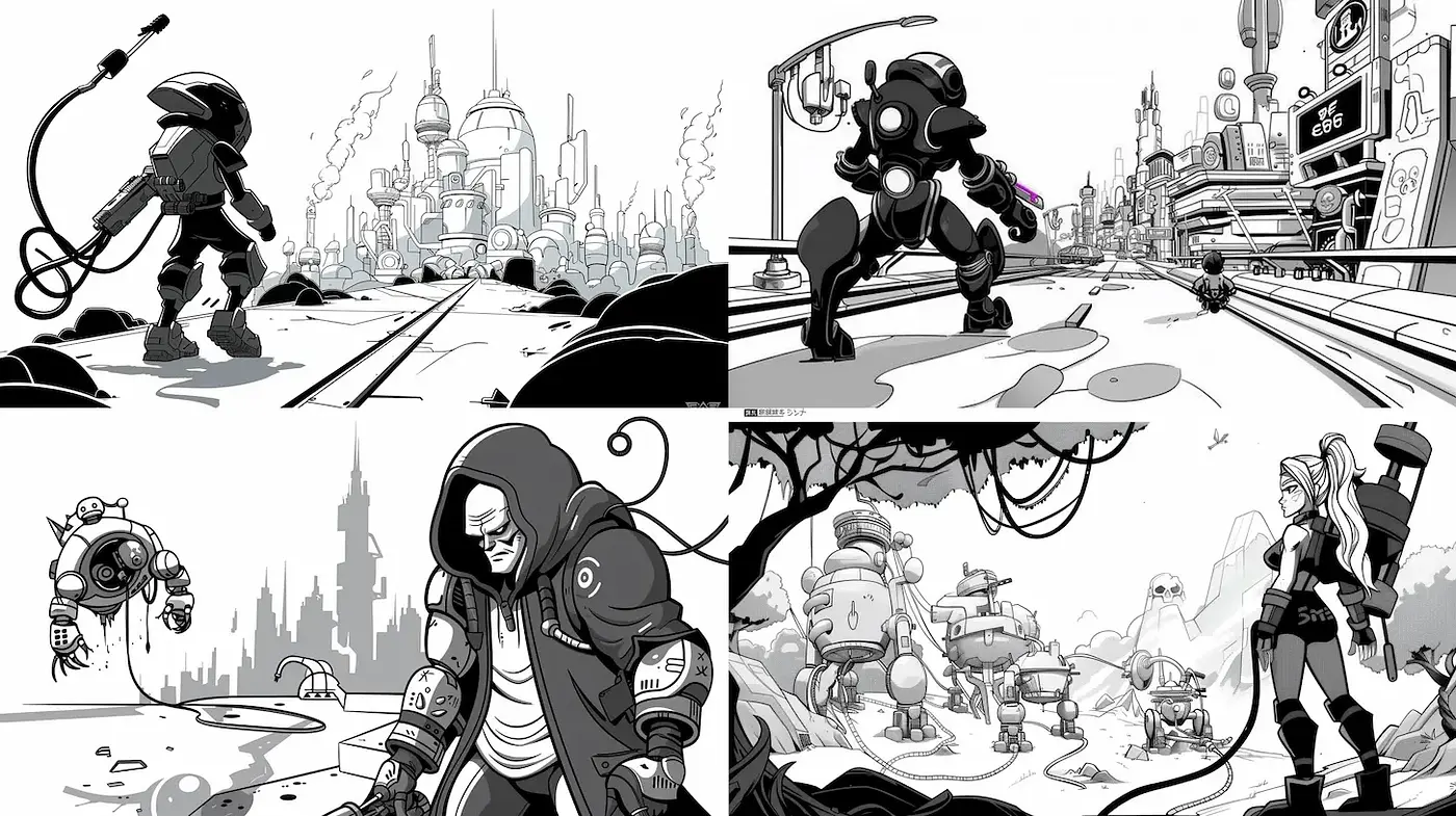 Futuristic monochrome cyberpunk illustration with a gritty edge - Midjourney sref style