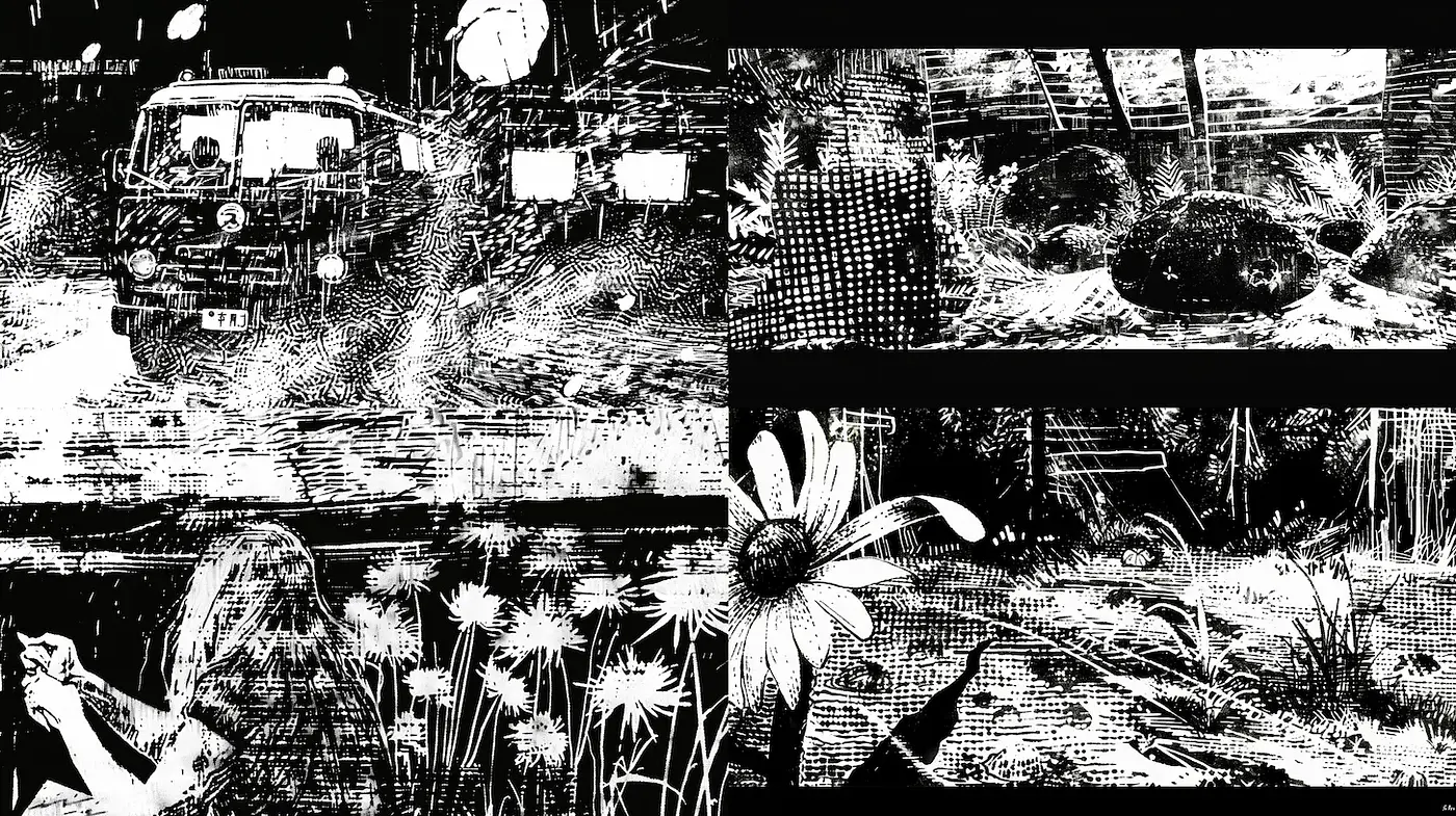 Dynamic and detailed black-and-white illustrations with a retro comic book aesthetic - Midjourney sref style
