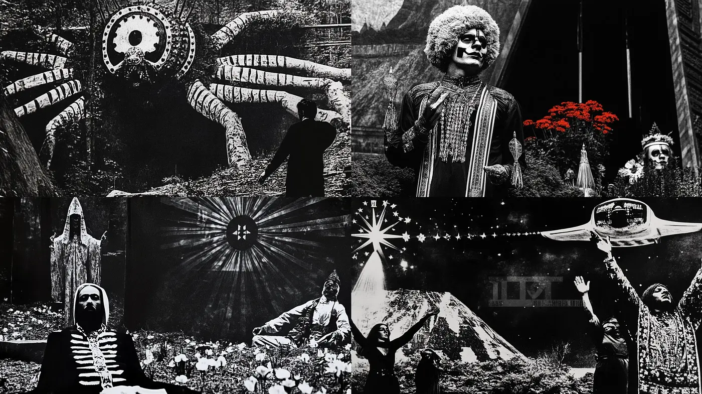 Surreal Shadows and Silhouettes: A Dark Cinematic Tapestry - Midjourney sref style