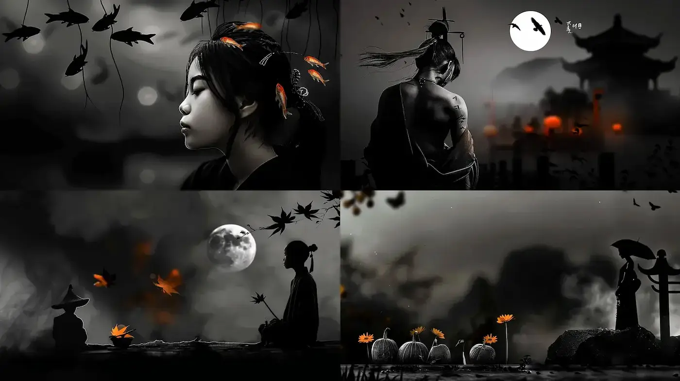 Ethereal Japanese-inspired aesthetic with a monochrome palette - Midjourney sref style