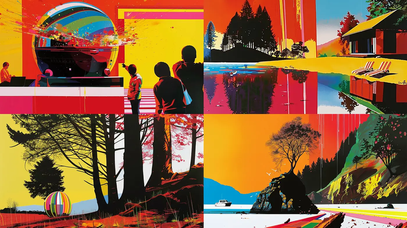 Retro Fusion Panorama: A Synthesis of Vivid Color Contrasts and Silhouetted Sceneries - Midjourney sref style