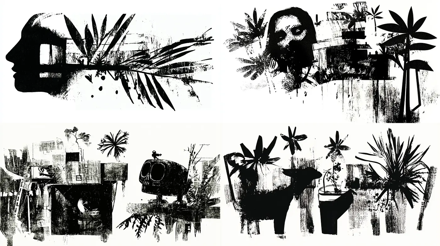 Abstract Monochromatic Botanical Silhouettes - Midjourney sref style