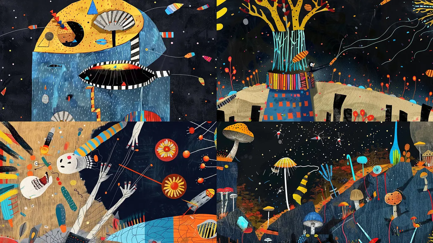 Whimsical Cosmic Patchwork: A Surreal Tapestry of Space and Textures - Midjourney sref style