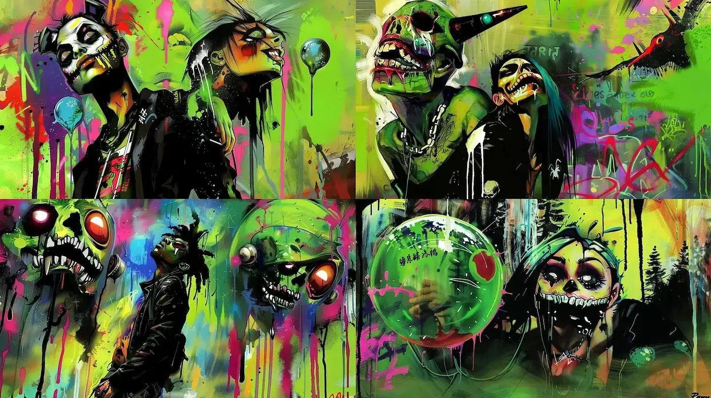 Neon Graffiti-Inspired Urban Vibe with Elements of Pop Art and Surrealism - Midjourney sref style