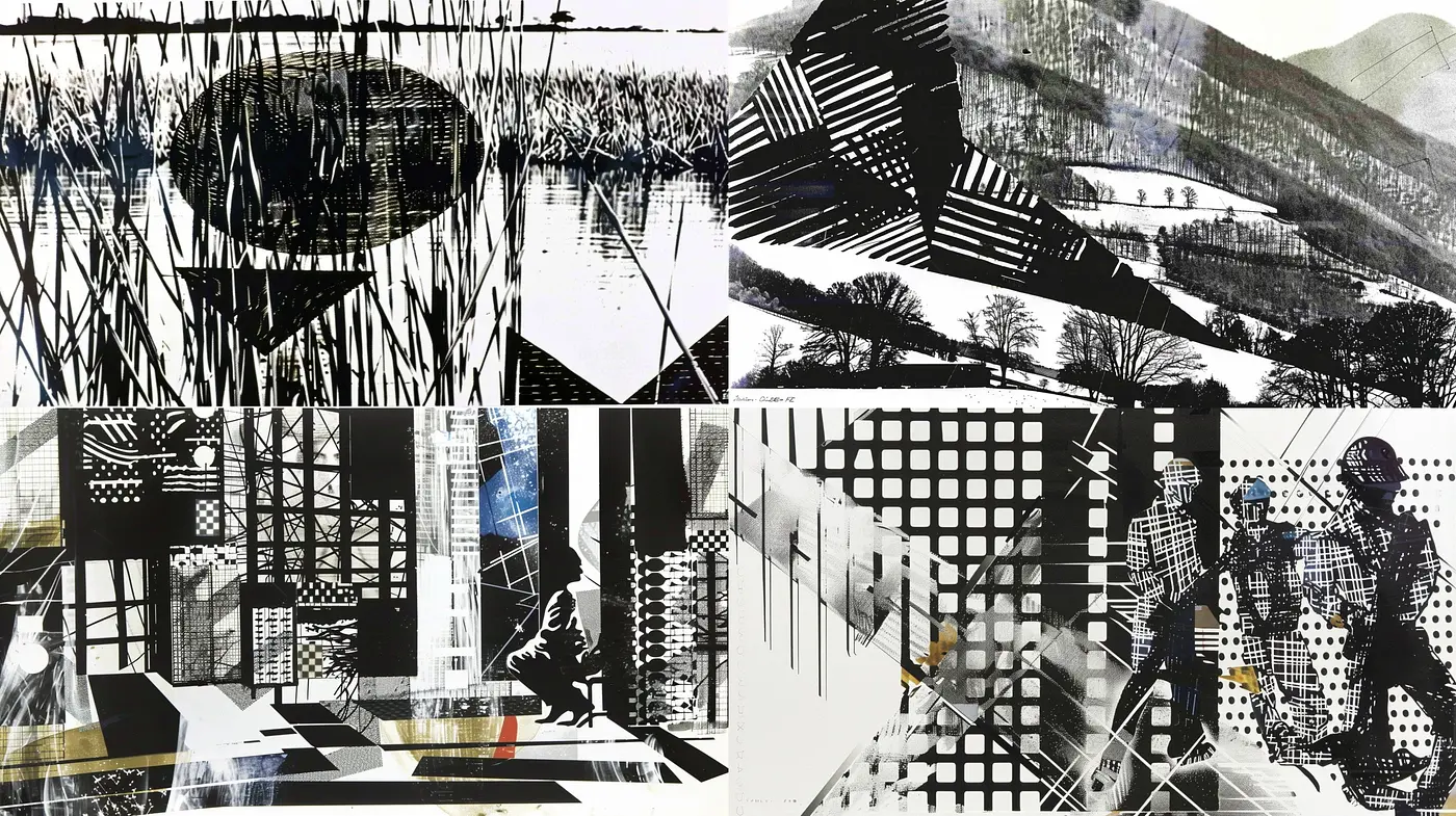 Monochromatic Geometric Abstraction with Expressive Textural Contrasts - Midjourney sref style