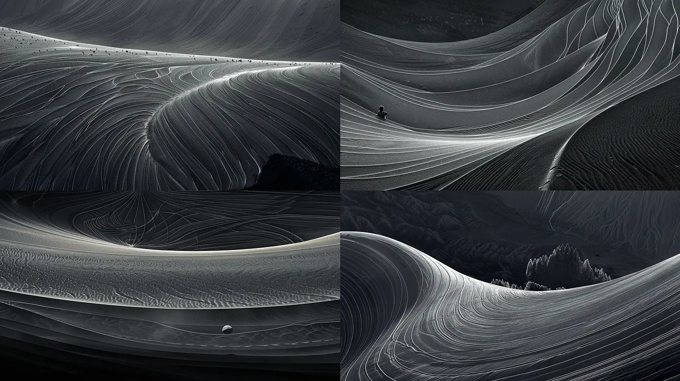 Monochromatic Whirls: Evoking Textural Fluidity in Greyscale - Midjourney sref style