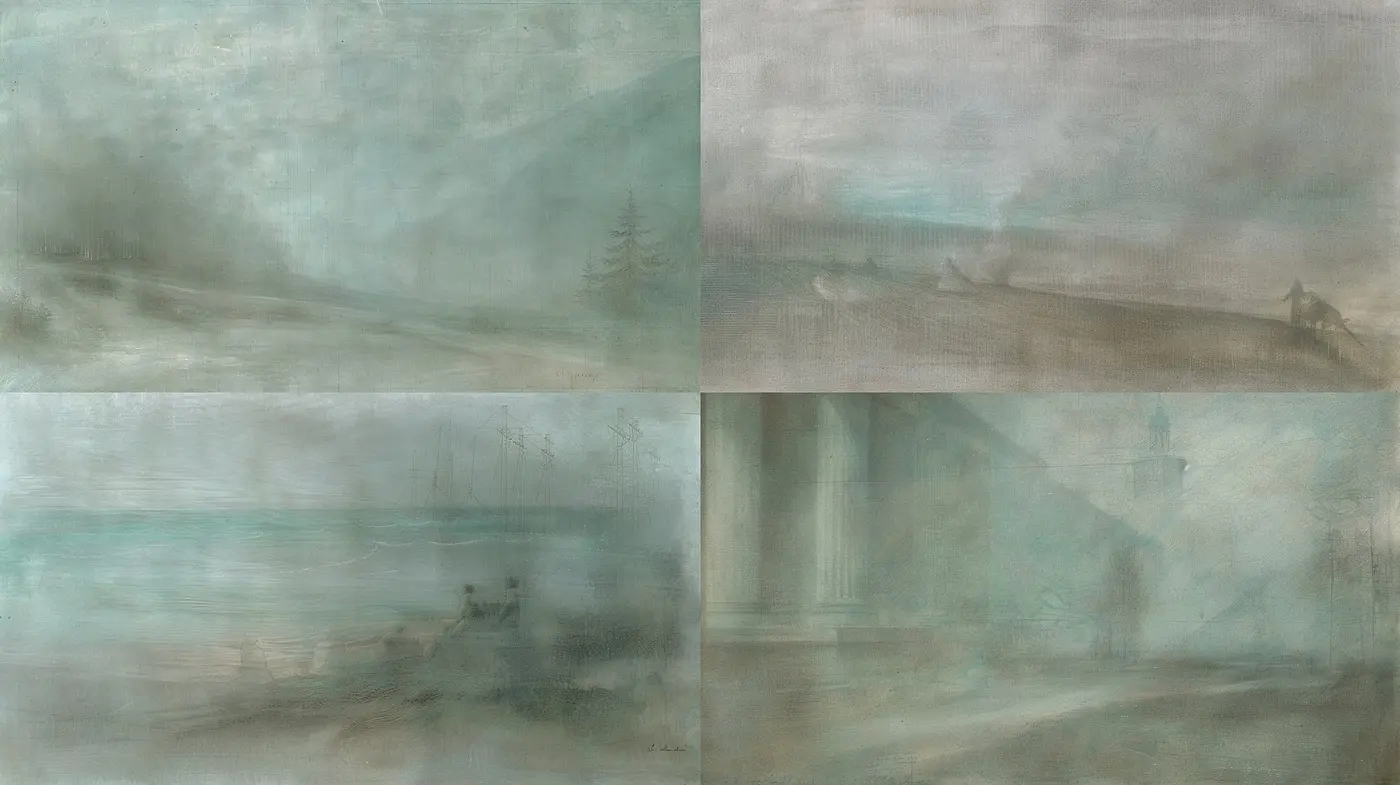 Ethereal Washes of Tranquility: A Study in Monochromatic Textural Harmony - Midjourney sref style