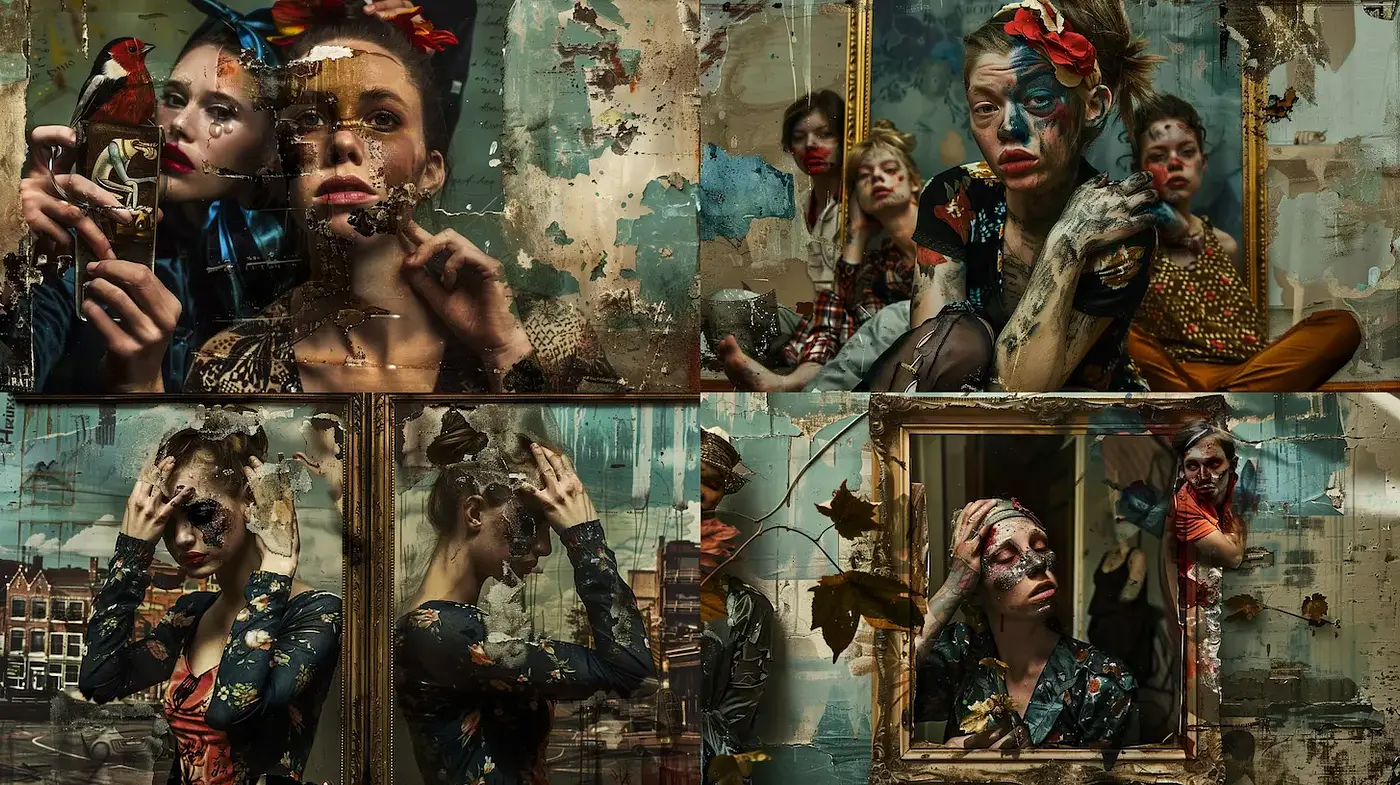 Eclectic and expressive exploration of emotion with layered textures - Midjourney sref style