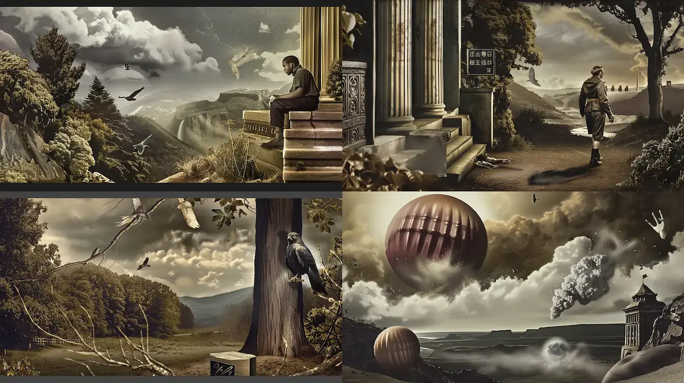 Ambiguous Landscapes with a Surrealistic Touch and Vintage Undertones - Midjourney sref style