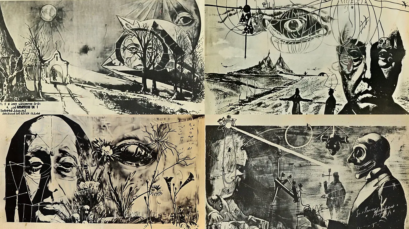 Surrealist Echoes in Monochromatic Dreamscape - Midjourney sref style