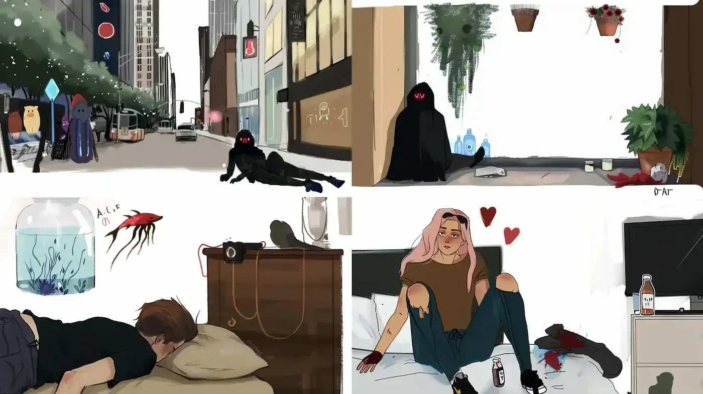 Contemporary Illustrations with Diverse Urban and Intimate Themes - Midjourney sref style