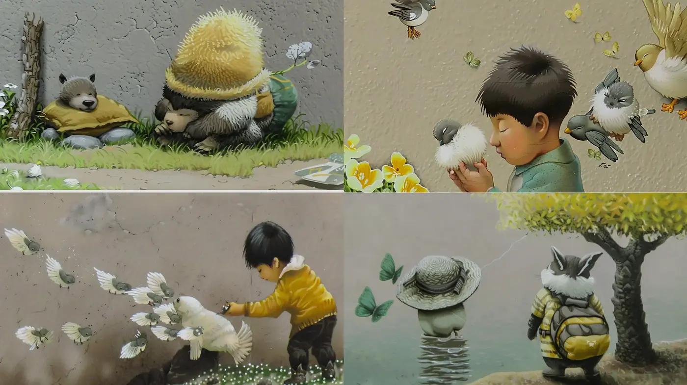 Whimsical Tranquility: A Serene Blend of Children and Nature in Soft Hues - Midjourney sref style