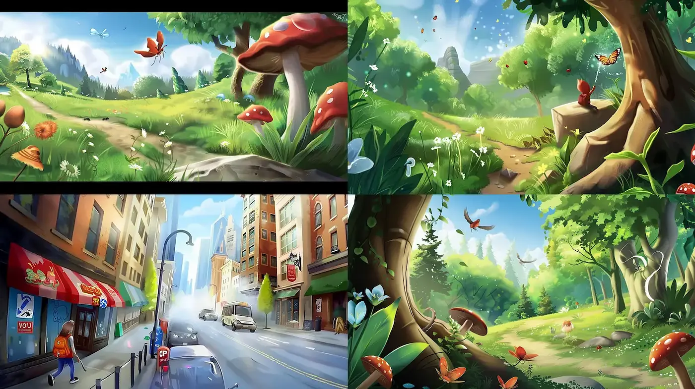 Vibrant and Lush Animated Scenic Landscapes with a Playful Touch - Midjourney sref style