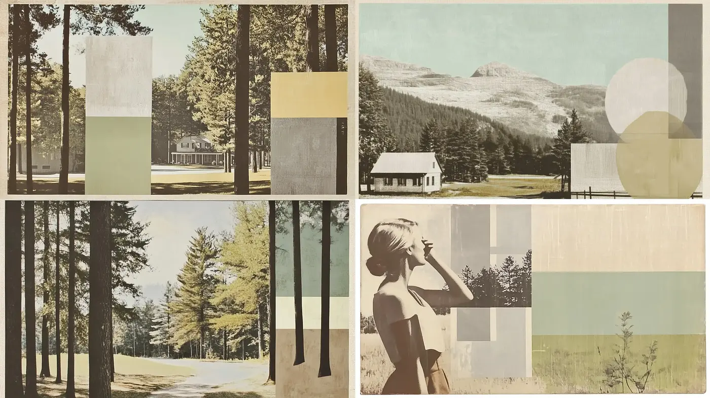 Retro Geometric Collage with Pastoral Elegance - Midjourney sref style