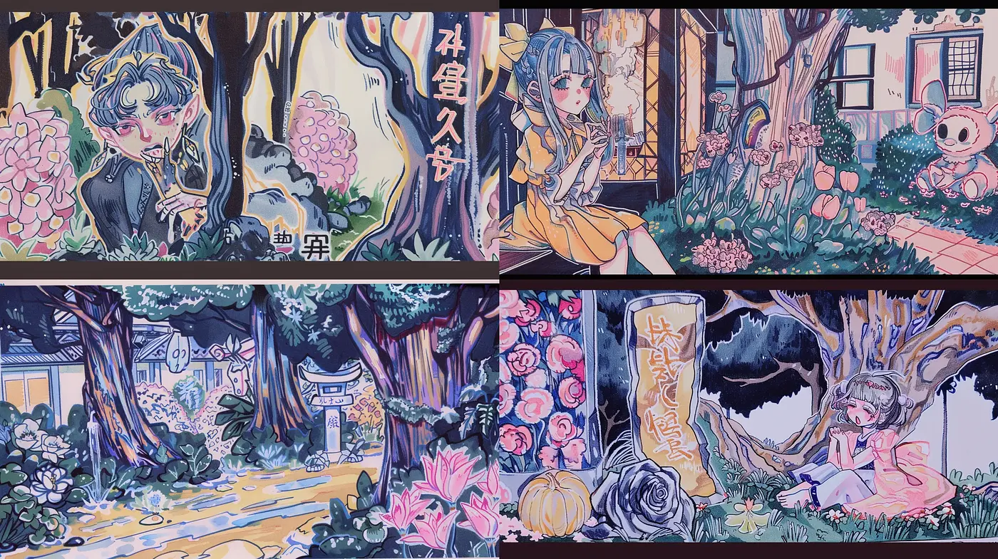 Ethereal Twilight in Stylized Manga Garden - Midjourney sref style