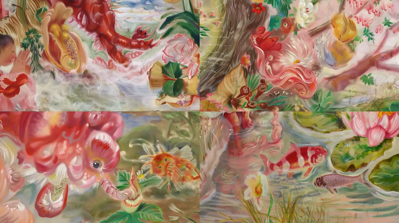 Whimsical Botanical Dreamscape with Surreal Undercurrents - Midjourney sref style
