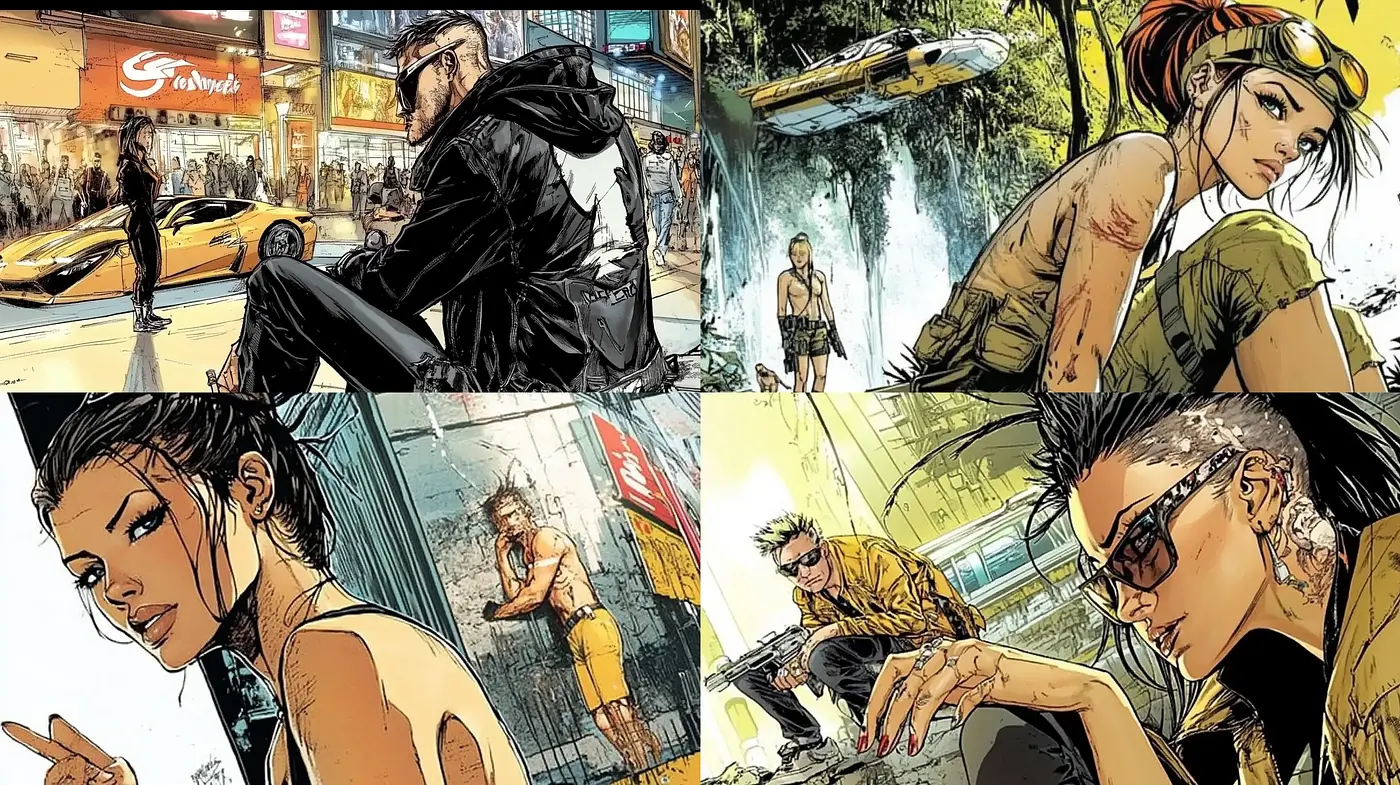 Dynamic Illustrative Fusion of Realism and Comic Art - Midjourney sref style