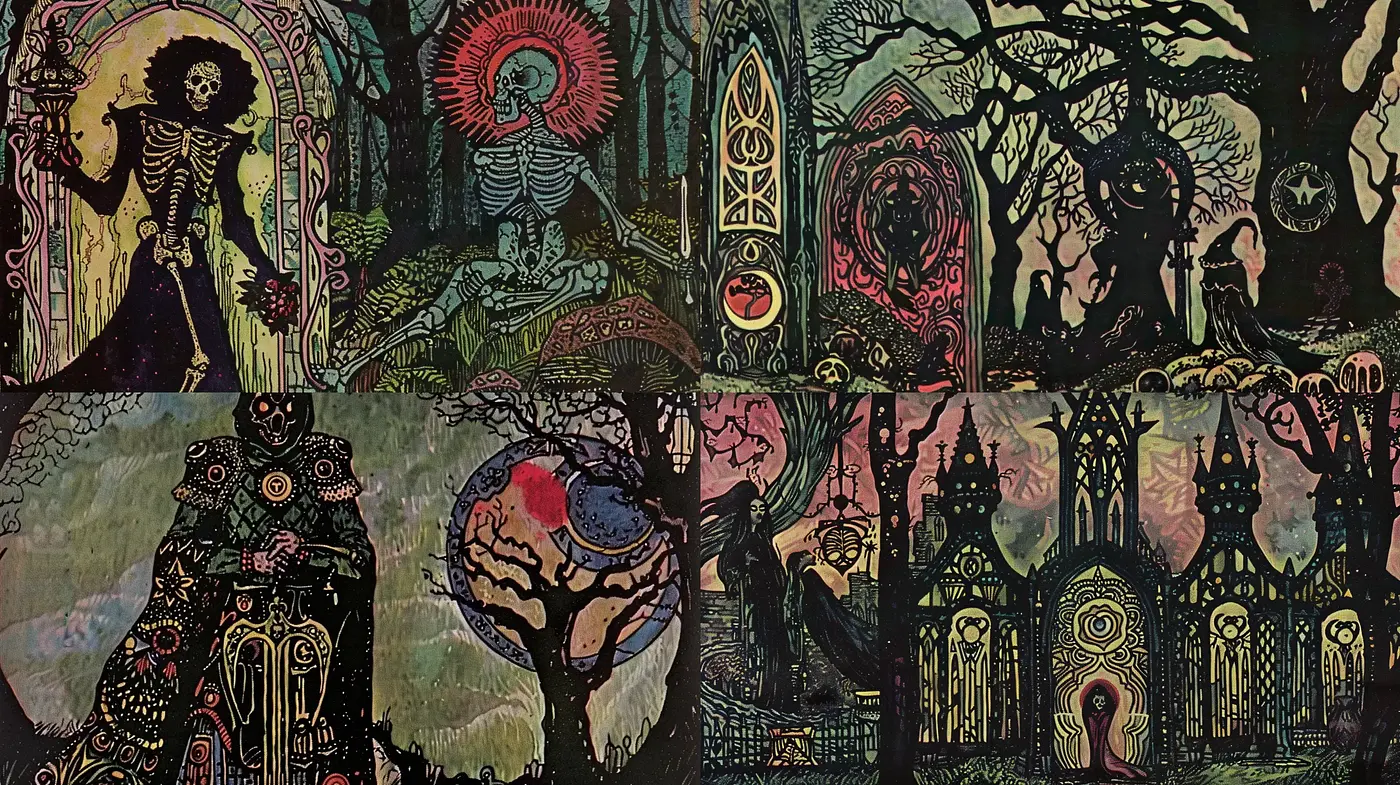 Enigmatic Gothic Fusion with Art Nouveau Overtones - Midjourney sref style