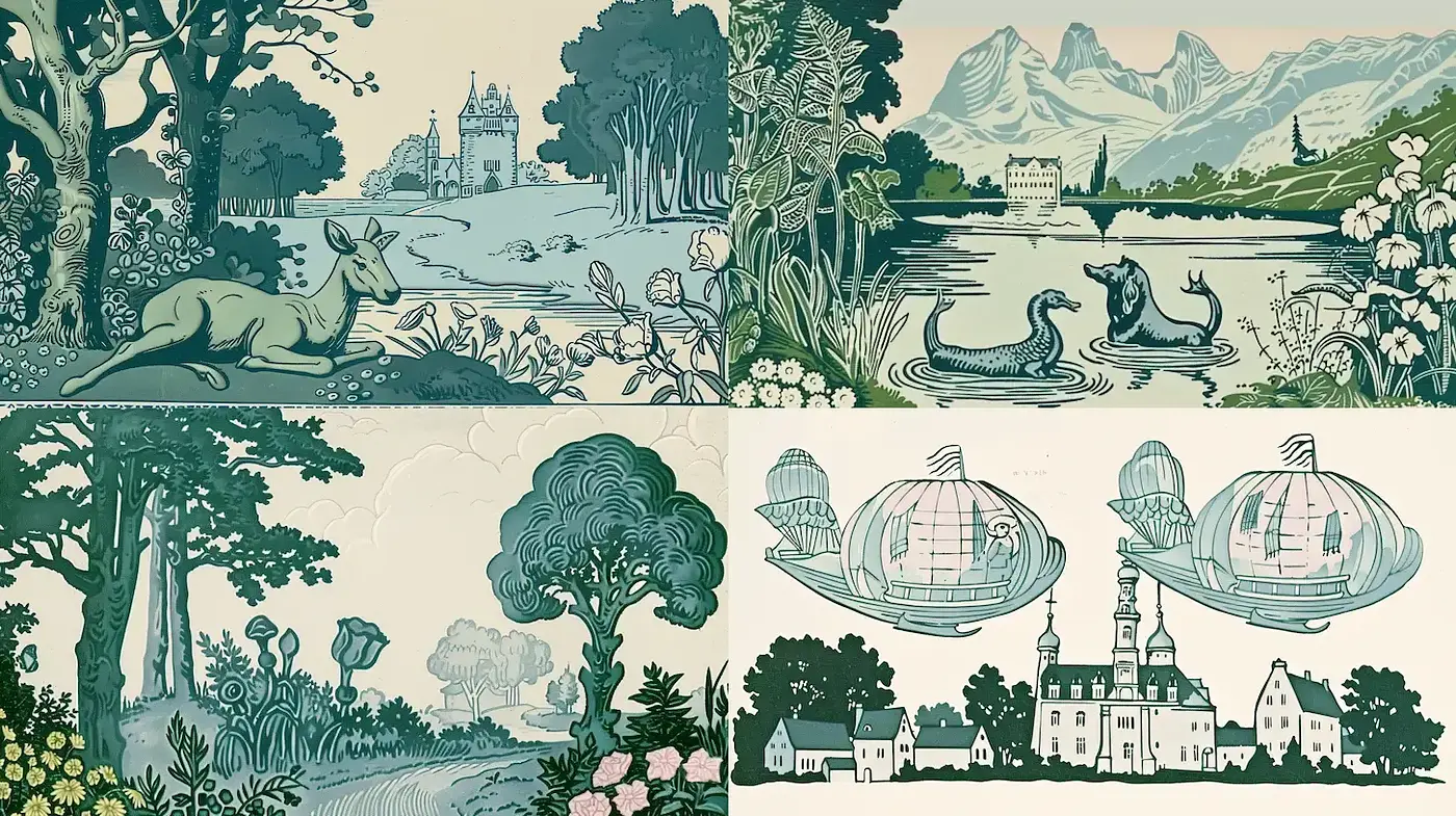 Consistent Elements of Nature-Inspired Illustrations with a Retro Aesthetic - Midjourney sref style