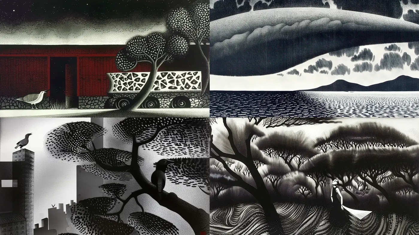 Monochromatic Intricate Environments – A Homage to Printmaking Aesthetics - Midjourney sref style