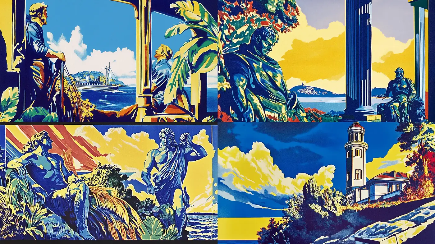 Harmonious Hellenic Tapestry: A Modern Interpretation of Classical Frescoes - Midjourney sref style