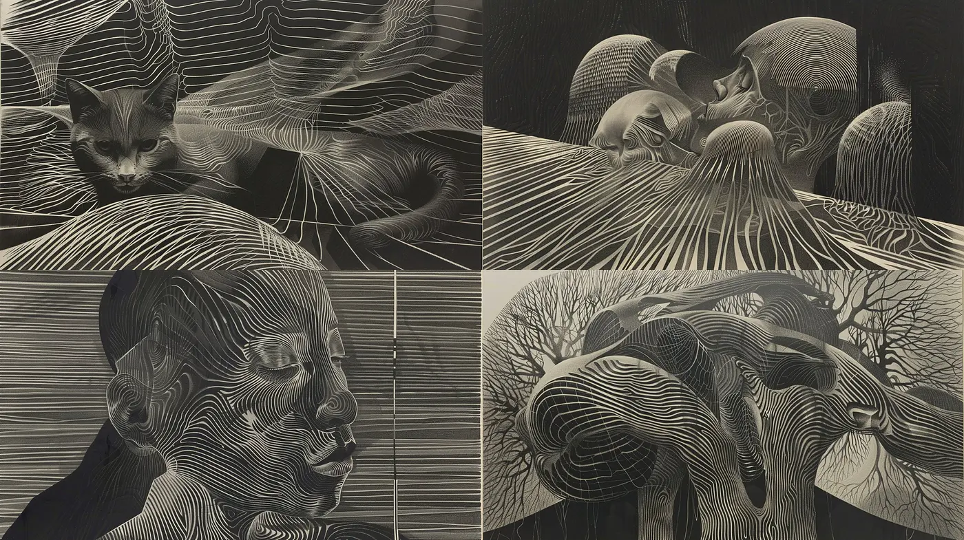 Monochromatic Contour Mapping of Surreal Forms - Midjourney sref style