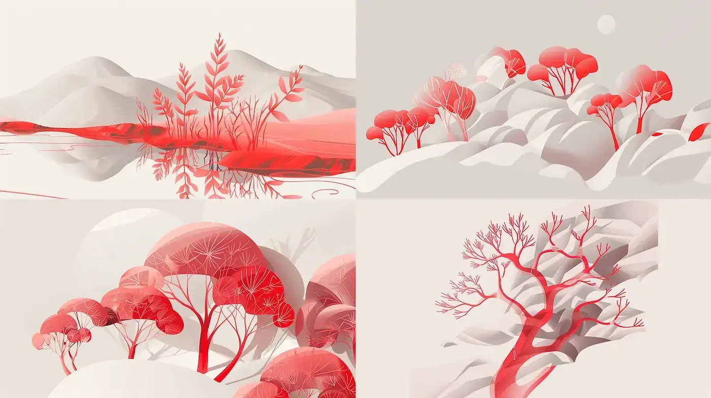 Modern Minimalistic Landscape with Red Accents and Soft Textures - Midjourney sref style