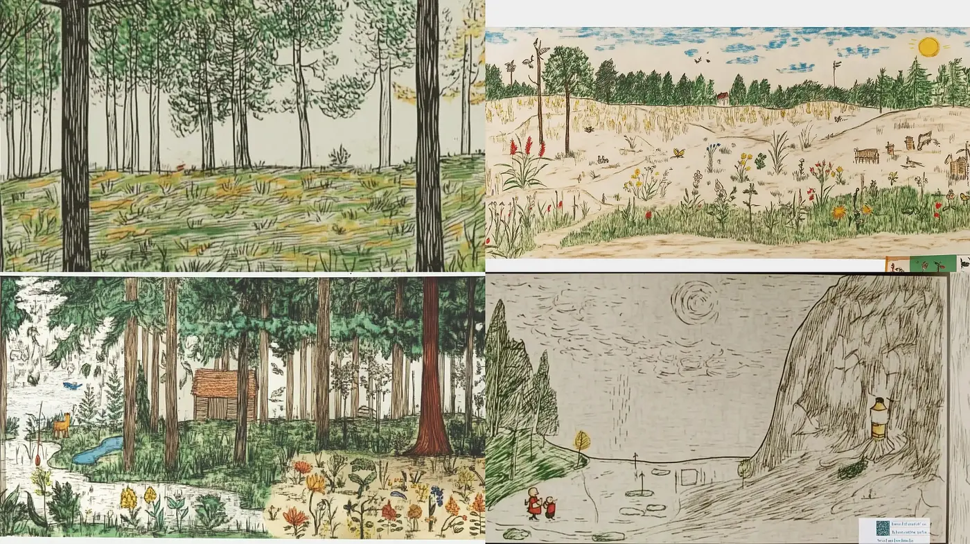 Whimsical Nature Tableaus with a Children's Book Illustration Appeal - Midjourney sref style