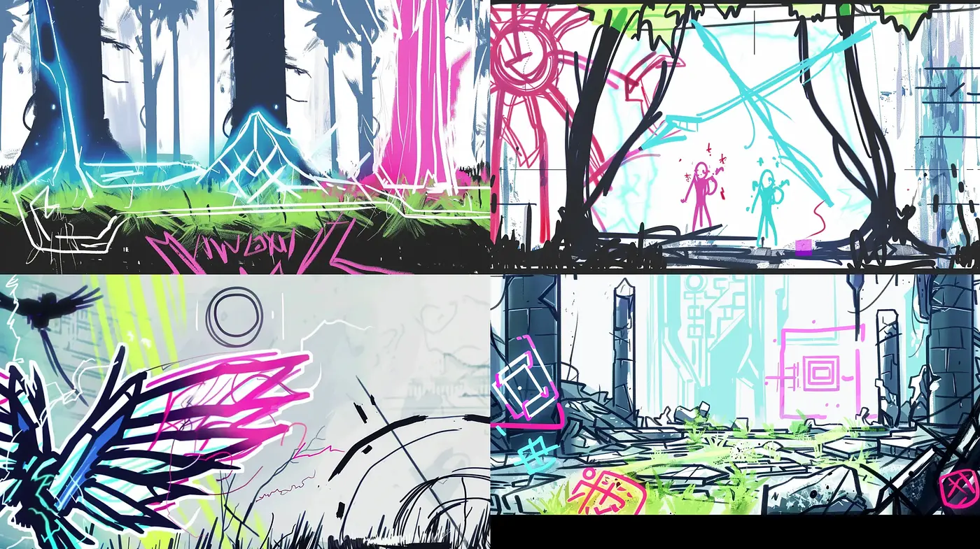 Futuristic Graffiti Forest: An Urban Energy Clash against Nature - Midjourney sref style