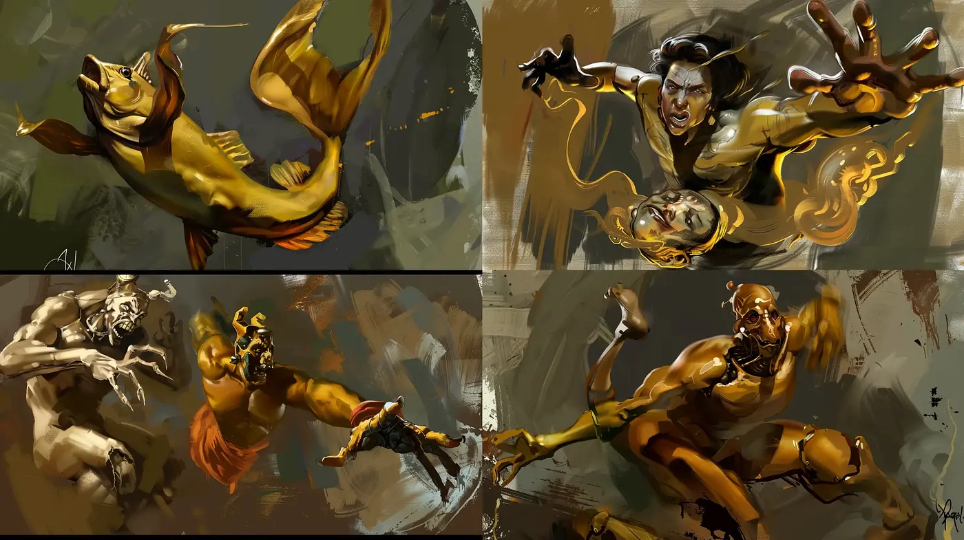 Dynamic Expressionist Brushwork with a Mythological Emphasis - Midjourney sref style