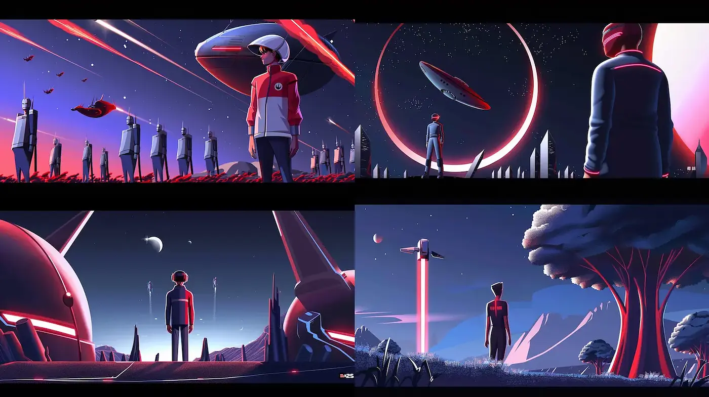 Futuristic Sci-Fi Landscape with Stylized Characters - Midjourney sref style